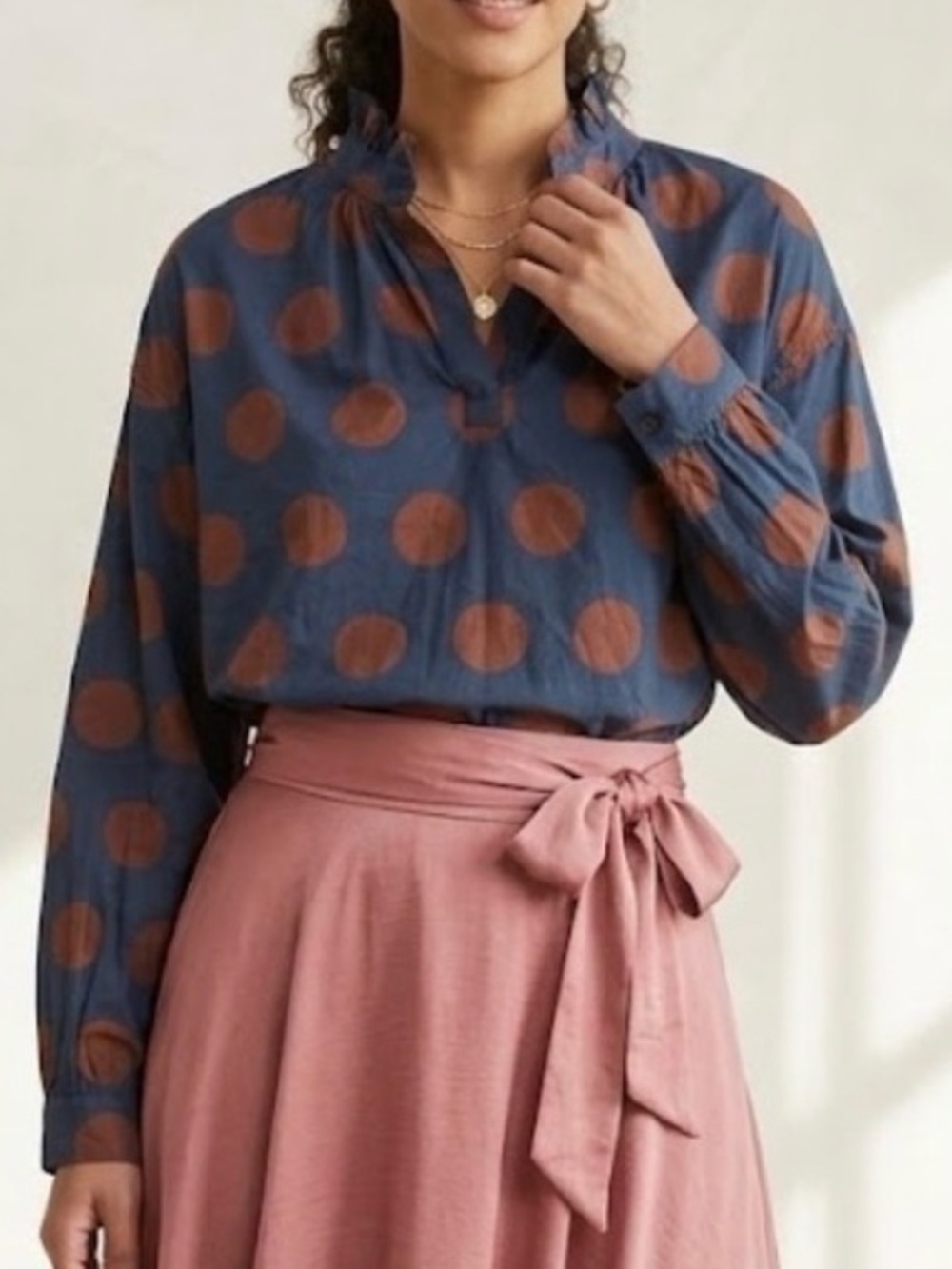 Sea New York Navy Blouse Burgundy Polka Dots ruffle neck balloon sleeve M